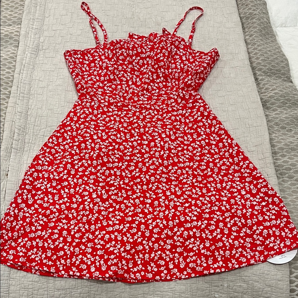 SHEIN Red and White Floral Tie-Front Dress